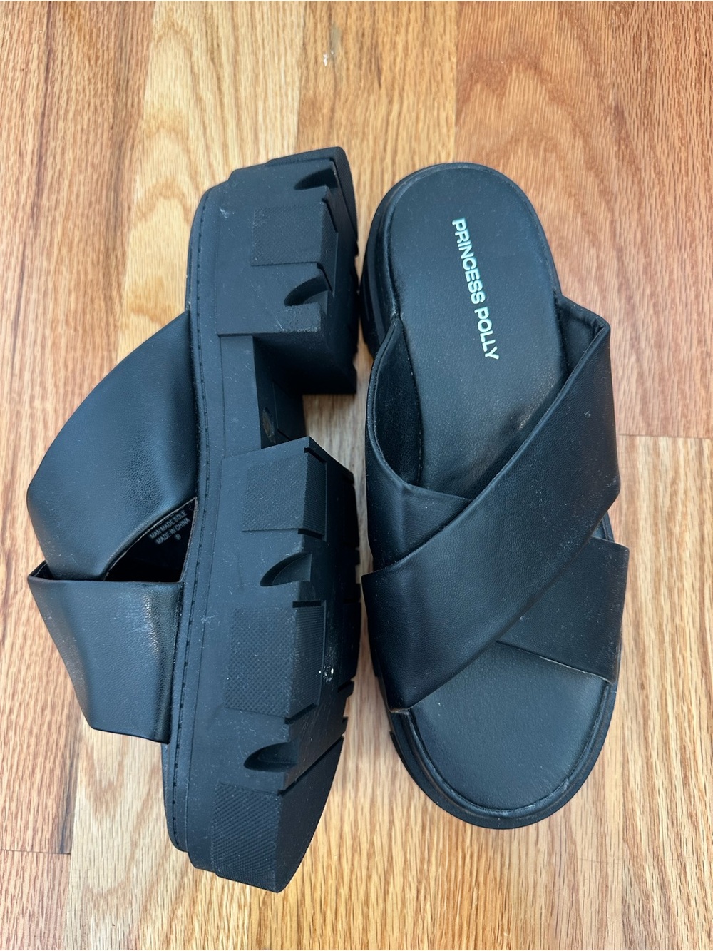Princess Polly Black Crisscross Platform Slide Sandals
